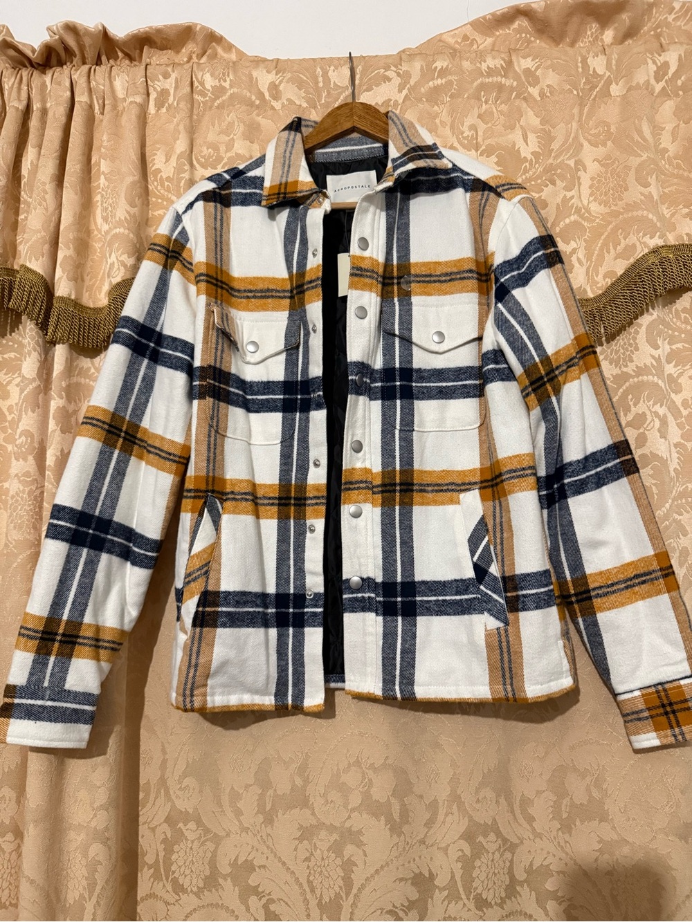 Aeropostale Quilted Lined Plaid Jacket - Black, White & Mustard